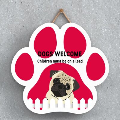 P5627 - Pug Dogs Welcome Children On Leads Katie Pearson Artworks Plaque à suspendre avec empreinte de patte