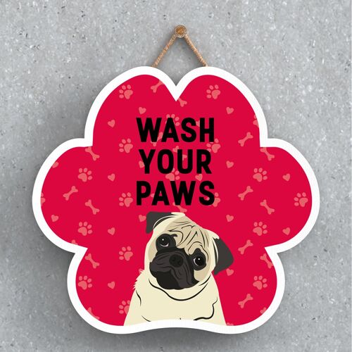 P5628 - Pug Dog Wash Your Paws Katie Pearson Artworks Pawprint Hanging Plaque