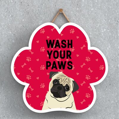 P5628 - Placa para colgar con diseño de perro Pug Wash Your Paws Katie Pearson Artworks