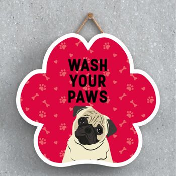 P5628 - Pug Dog Wash Your Paws Katie Pearson Artworks Pawprint Plaque à suspendre 1