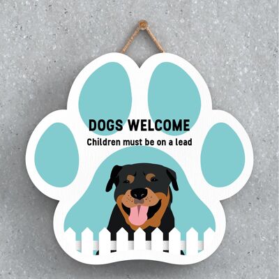 P5631 – Rottweiler-Hunde begrüßen Kinder an der Leine Katie Pearson Artworks Pawprint Hanging Plaque