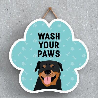 P5632 - Rottweiler Dog Wash Your Paws Katie Pearson Artworks Pawprint Hanging Plaque