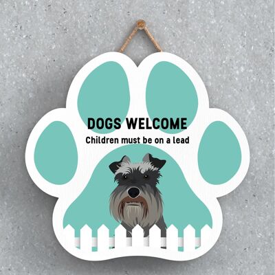 P5633 - Schnauzer Dogs Welcome Children On Leads Katie Pearson Artworks Pawprint Hanging Plaque