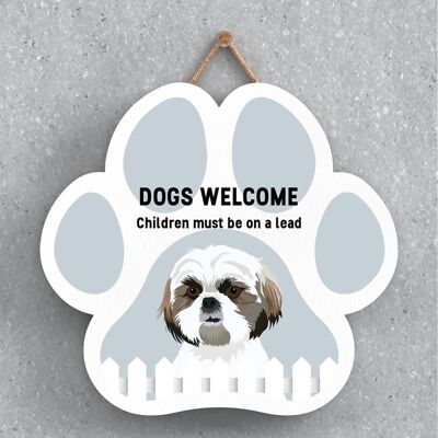 P5635 - Shih Tzu Dogs Welcome Children On Leads Katie Pearson Artworks Pawprint Hanging Plaque