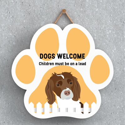 P5637 - Spaniel Dogs Welcome Children On Leads Katie Pearson Artworks Pawprint Hanging Plaque