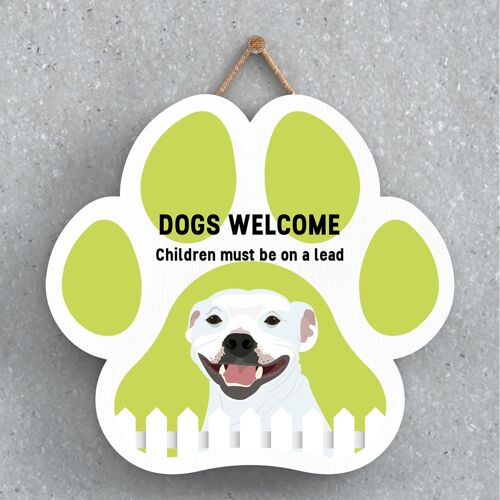 P5645 - Staffie Dogs Welcome Children On Leads Katie Pearson Artworks Pawprint Hanging Plaque