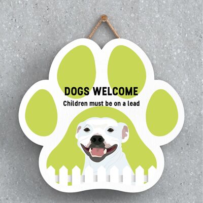 P5645 - Staffie Dogs Welcome Children On Leads Katie Pearson Artworks Pawprint Hanging Plaque