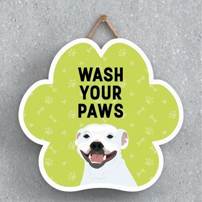 P5646 - Staffie Dog Wash Your Paws Katie Pearson Artworks Placa colgante con huellas de patas