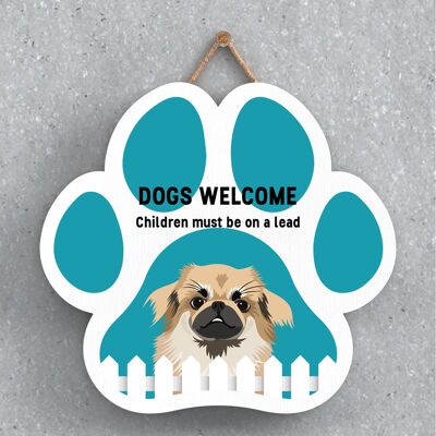 P5647 - Perros tibetanos Spaniel dan la bienvenida a los niños con correas Katie Pearson Artworks Pawprint Placa colgante