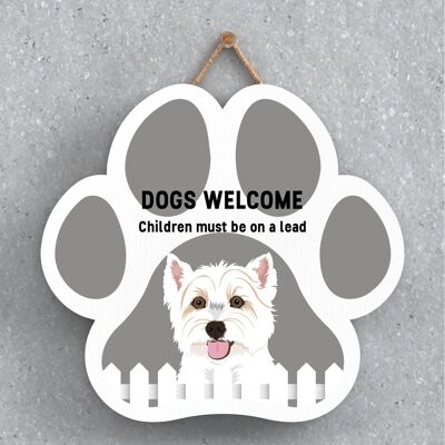 P5649 - Westie Dogs Welcome Children On Leads Katie Pearson Artworks Pawprint Hanging Plaque