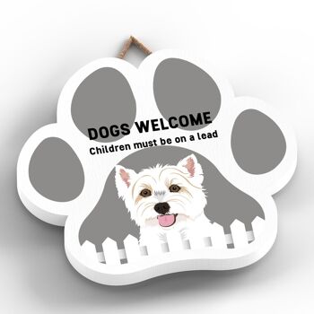 P5649 - Westie Dogs Welcome Children On Leads Katie Pearson Artworks Plaque à suspendre avec empreinte de patte 2