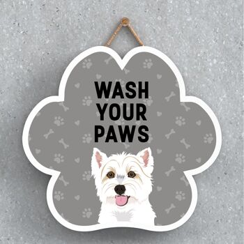 P5650 - Westie Dog Wash Your Paws Katie Pearson Artworks Plaque à suspendre avec empreinte de patte 1