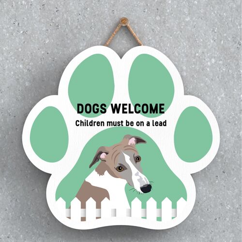 P5651 - Whippet Dogs Welcome Children On Leads Katie Pearson Artworks Pawprint Hanging Plaque