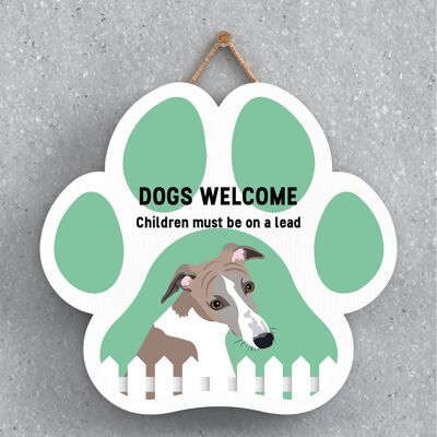 P5651 – Whippet-Hunde begrüßen Kinder an der Leine Katie Pearson Artworks Pawprint Hanging Plaque