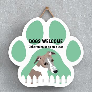 P5651 - Whippet Dogs Welcome Children On Leads Katie Pearson Artworks Plaque à suspendre avec empreinte de patte 1