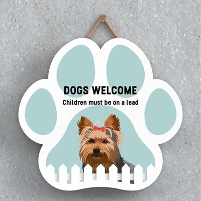 P5657 - Yorkshire Terrier Dogs Welcome Children On Leads Katie Pearson Artworks Pawprint Hanging Plaque