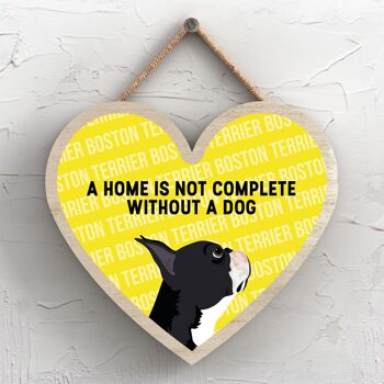 P5679 - Boston Terrier Home n'est pas complet sans Katie Pearson Artworks Heart Hanging Plaque 1