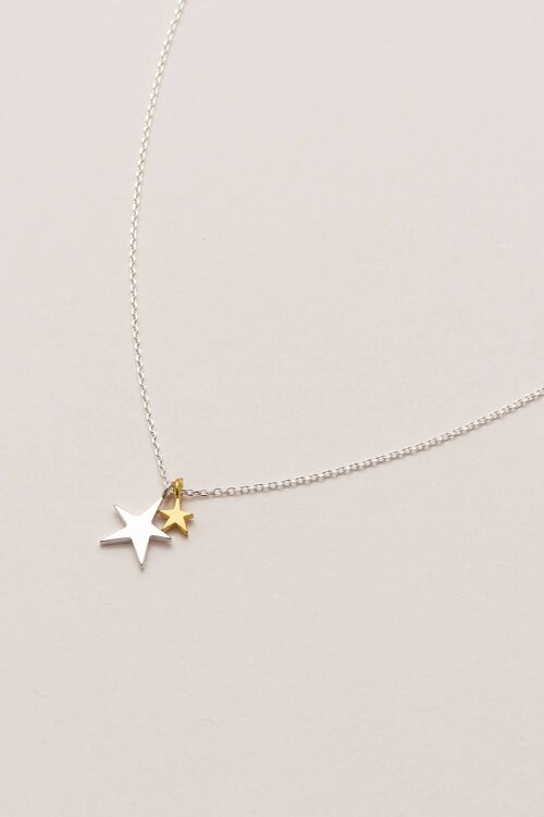 Two Tone Double Star Necklace - Silver Plated