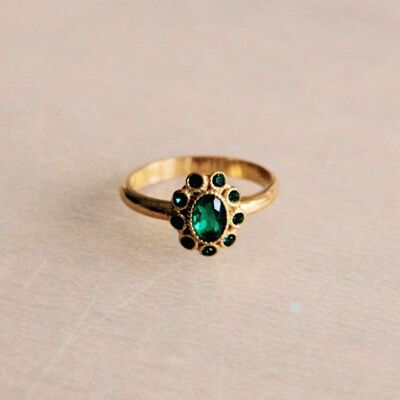 Anillo vintage de acero con piedras verdes - oro