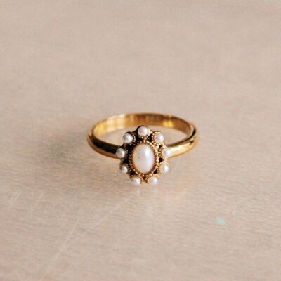 Anillo vintage de acero con piedras de perla - oro