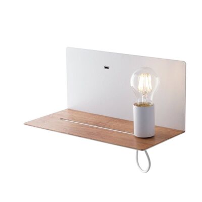 Aplique FLASH de metal con repisa de madera y toma USB-I-FLASH-AP BCO