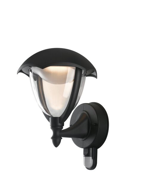 Applique lanterna LED Megan per esterni in alluminio nero goffrato e diffusore in policarbonato con sensore di movimento