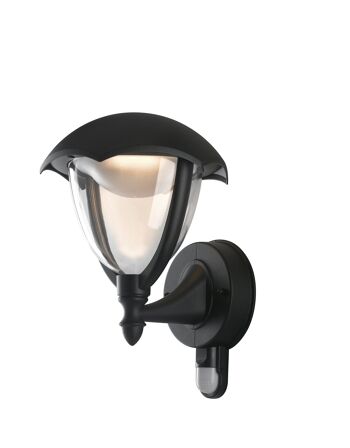 Applique d'extérieur LED Megan en aluminium noir gaufré et diffuseur en polycarbonate avec détecteur de mouvement