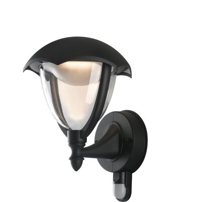 Applique lanterna LED Megan per esterni in alluminio nero goffrato e diffusore in policarbonato con sensore di movimento