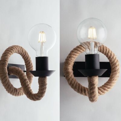 ROPE wall light in black metal with cables covered in natural hemp (1XE27)-I-ROPE-AP1