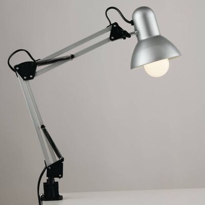 Lámpara de lectura de arquitecto, con brazo metálico orientable y difusor y posibilidad de fijación a la mesa. (1XE27)-LDT033ARC-PLATA