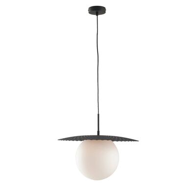 Lampadario a sospensione Chaplin in metallo oro o nero satinato e diffusore in vetro bianco (1XE27)-I-CHAPLIN-S45 NER