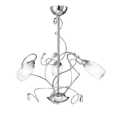 Ely suspension chandelier in chromed or gold metal, with crystal ends and glass diffusers-I-ELY/3