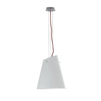 Lampadario a sospensione Ermes in vetro opale con struttura in metallo cromato e cavo in tessuto rosso o in PVC nero (3XE27)-I-ERMES-S3