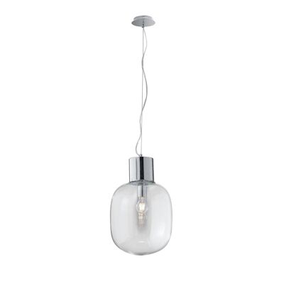 Lampadario a sospensione Fellini in metallo cromo o oro satinato con diffusore in vetro soffiato trasparente o opale (1XE27)-I-FELLINI-S30