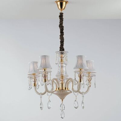 Monet suspension chandelier in glass and K9 crystal and lampshades in decorated fabric (5XE14)-I-MONET/5