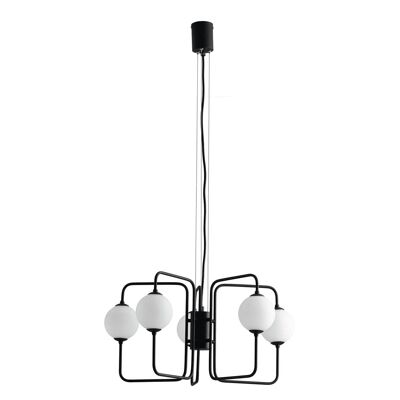 Lampadario a sospensione Neutron in metallo nero goffrato con diffusori in vetro opale (5xG9)-I-NEUTRON-S5