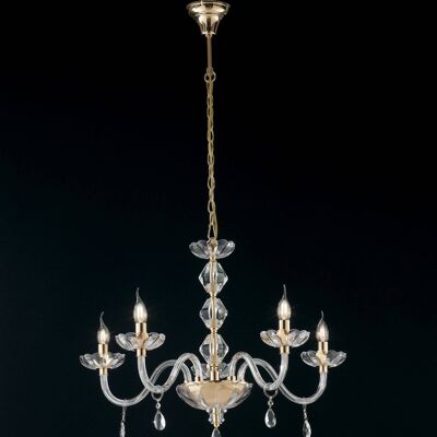 Riflesso suspension chandelier, in crystal and gold or chrome finish (5XE14)-I-RIFLESSO/5 ORO