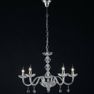 Riflesso suspension chandelier, in crystal and gold or chrome finish (5XE14)-I-RIFLESSO/5