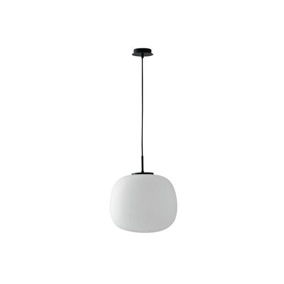 Tolomeo suspension lamp in opal blown glass with matte black metal structure and black fabric cable. Available in two sizes (1XE27)-I-TOLOMEO-S31