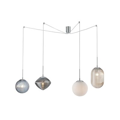 Greenwich pendant light in glass with relief meridian lines, four colored pendants with adjustable cables (4xE27)