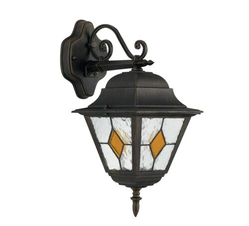 Lanterna applique Pisa per esterni in alluminio pressofuso nero pennellato oro con diffusore in vetro cattedrale (1XE27)-LANT-PISA/AP1B