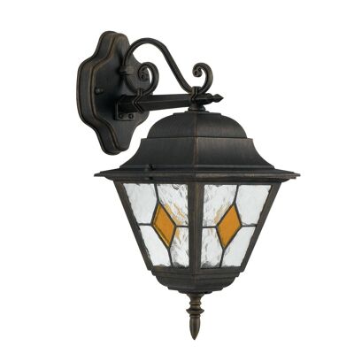 Aplique farol Pisa para exterior de aluminio inyectado en color negro con cepillo dorado y difusor de cristal catedral (1XE27)-LANT-PISA/AP1B