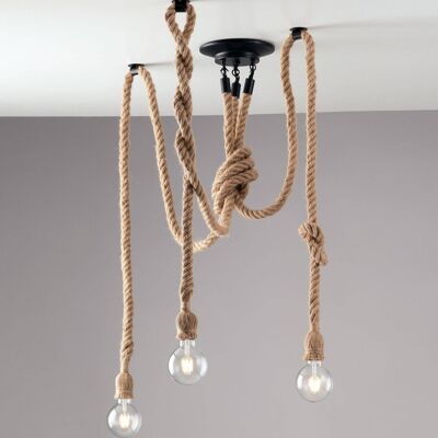 ROPE ceiling light in black metal with cables covered in natural hemp. Available with three or five light points.-I-ROPE-PL5