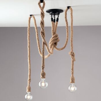 Plafonnier ROPE en métal noir avec câbles recouverts de chanvre naturel. Disponible avec trois ou cinq points lumineux.-I-ROPE-PL5 1