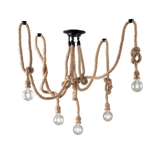 Plafoniera ROPE in metallo nero con cavi rivestiti in canapa naturale. Disponibile con tre o cinque punti luce.-I-ROPE-PL3