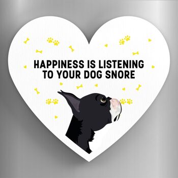 P5853 - Boston Terrier Happiness Is Your Dog Snoring Katie Pearson Artworks Aimant en bois en forme de coeur 1