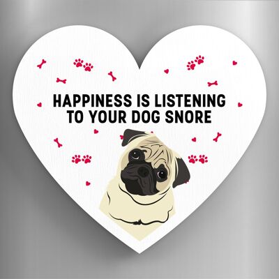 P5937 – Pug Happiness Is Your Dog Snoring Katie Pearson Artworks Aimant en bois en forme de cœur