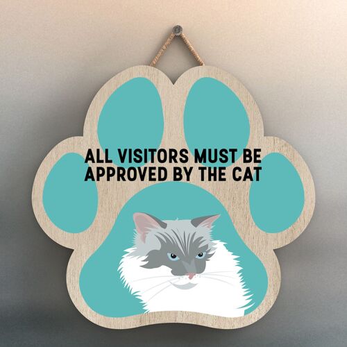 P5983 - White Cat All Visitors Approved By The Cat Katie Pearson Artworks Pawprint Shaped Wooden Hanging Plaque