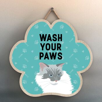 P5984 - White Cat Wash Your Paws Katie Pearson Artworks Plaque à suspendre en bois en forme d'empreinte de patte 1