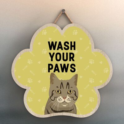 P5986 – Tabby-Katze Waschen Sie Ihre Pfoten Katie Pearson Artworks Pfotenabdruck-geformtes Holzschild zum Aufhängen